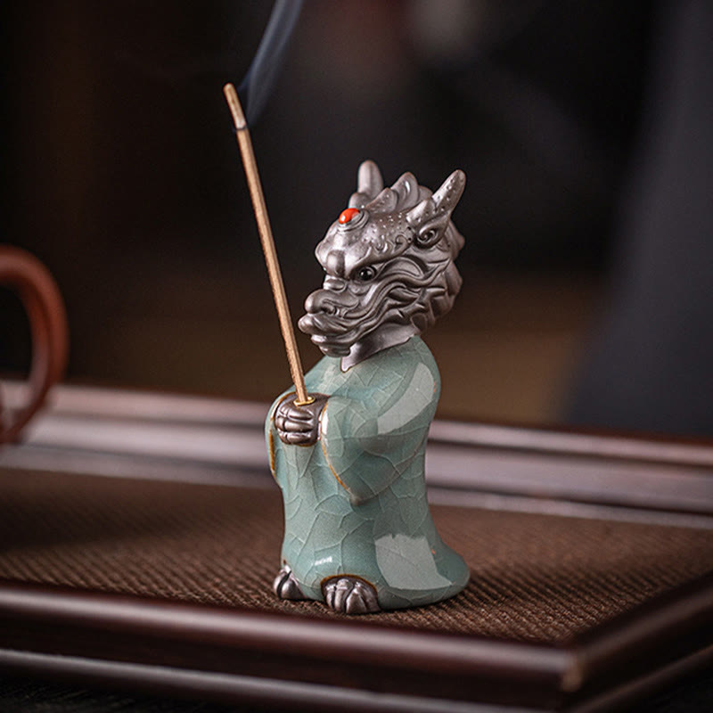 Brûleur d'encens en céramique en forme de dragon avec base en lotus et symbole Fu