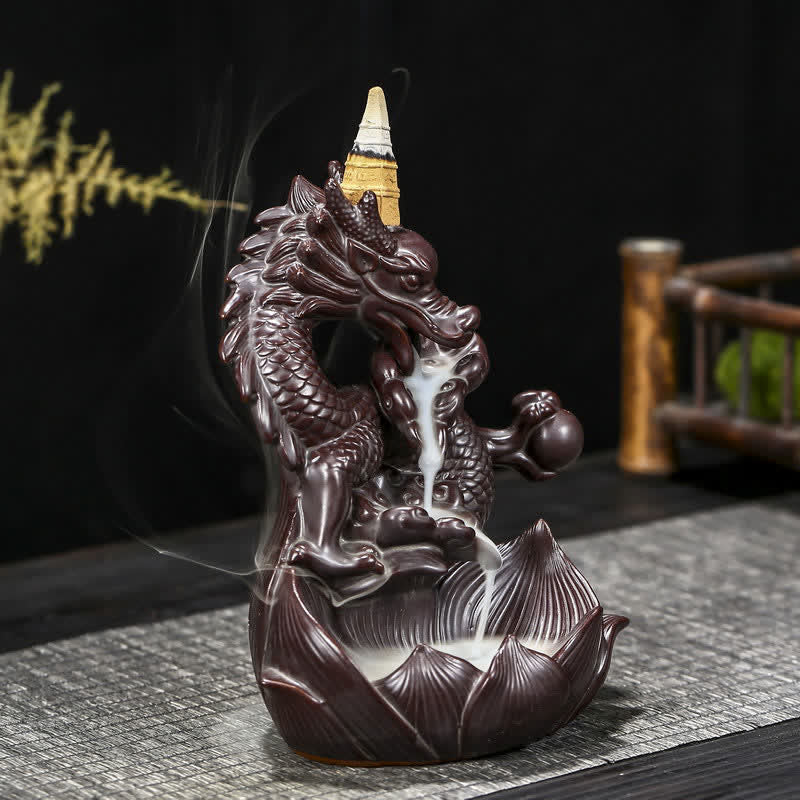 Brûleur d'encens en céramique Dragon Lotus pour la force et la protection