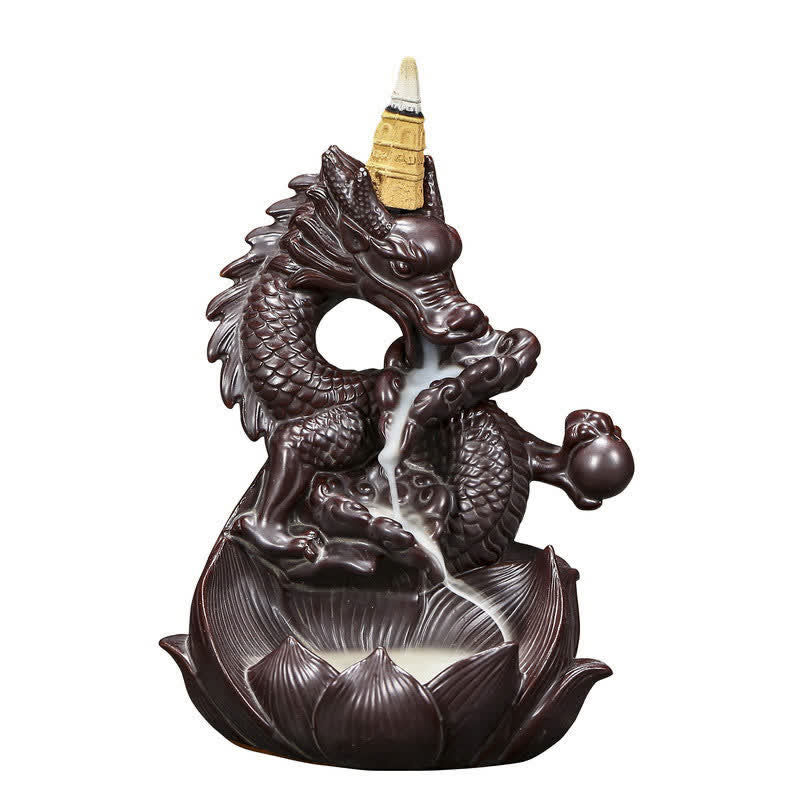 Brûleur d'encens en céramique Dragon Lotus pour la force et la protection