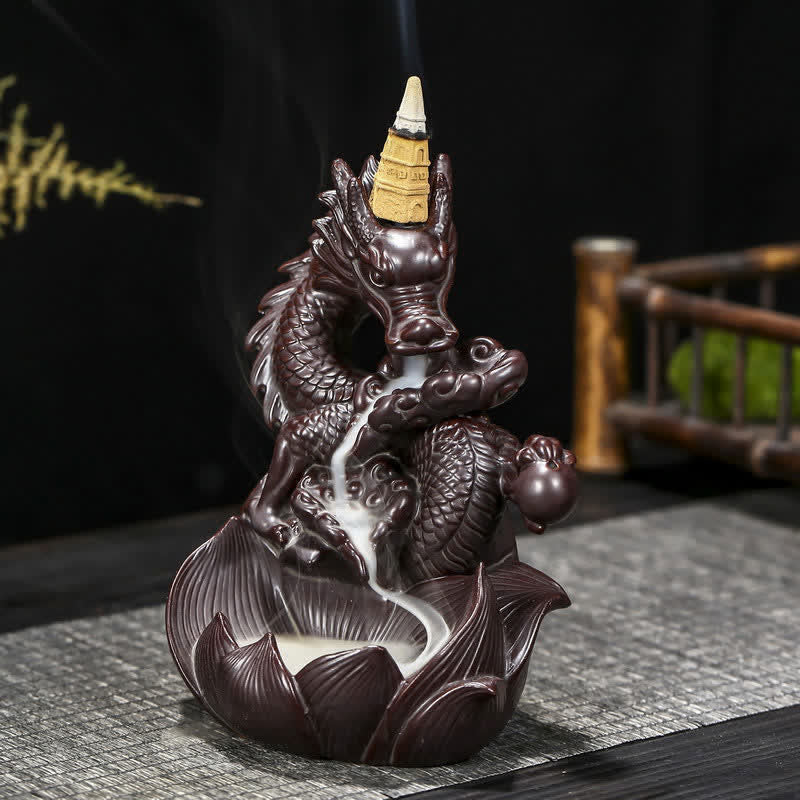 Brûleur d'encens en céramique Dragon Lotus pour la force et la protection