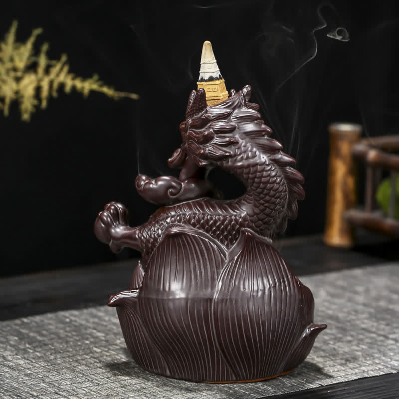 Brûleur d'encens en céramique Dragon Lotus pour la force et la protection