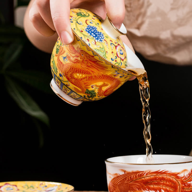 Tasse à thé en céramique Gaiwan Dragon Phoenix 160 ml avec couvercle