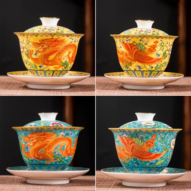 Tasse à thé en céramique Gaiwan Dragon Phoenix 160 ml avec couvercle