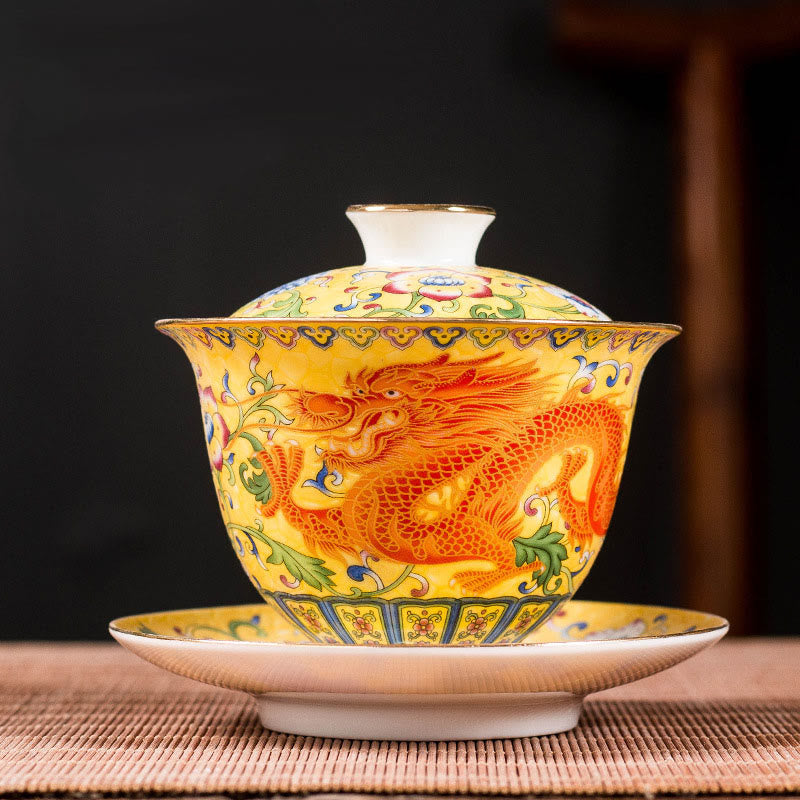 Tasse à thé en céramique Gaiwan Dragon Phoenix 160 ml avec couvercle
