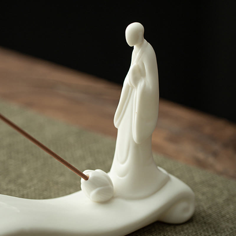 Brûle-encens en céramique avec Bouddha moine | 26-32 cm, décoration artisanale