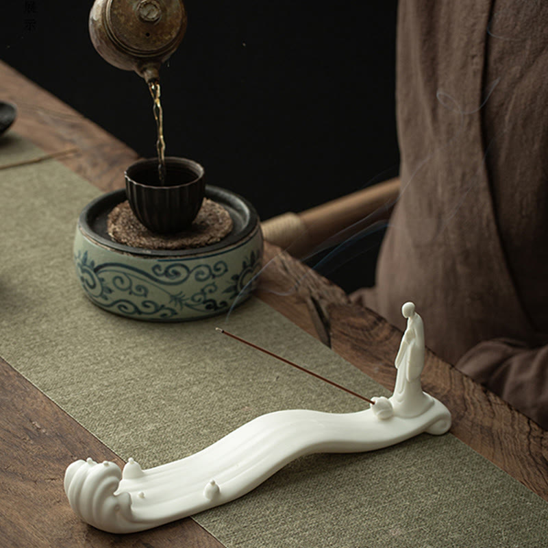 Brûle-encens en céramique avec Bouddha moine | 26-32 cm, décoration artisanale