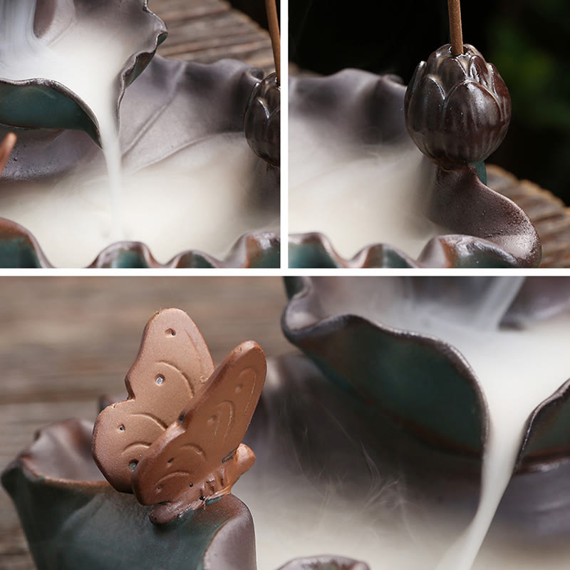 Brûleur d'encens en céramique, motif fleur de lotus, grenouille et papillon