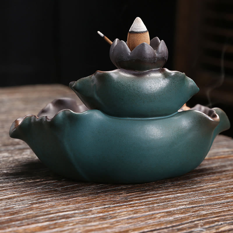 Brûleur d'encens en céramique, motif fleur de lotus, grenouille et papillon