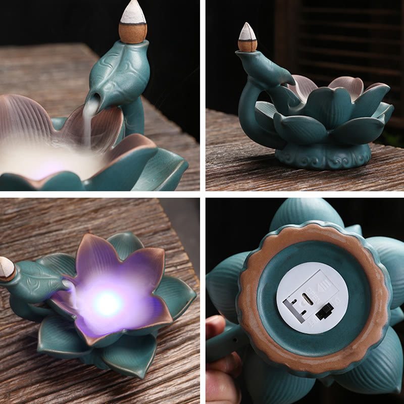 Brûleur d'encens en céramique, motif fleur de lotus, grenouille et papillon
