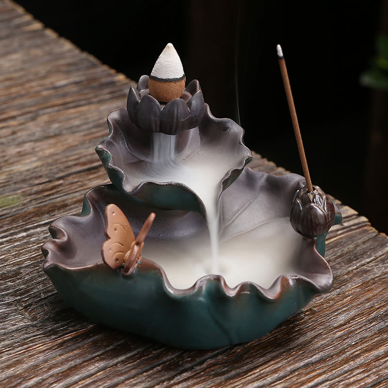 Brûleur d'encens en céramique, motif fleur de lotus, grenouille et papillon