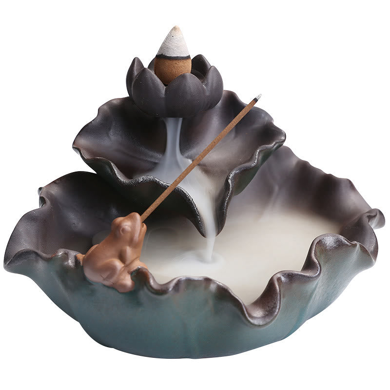 Brûleur d'encens en céramique, motif fleur de lotus, grenouille et papillon