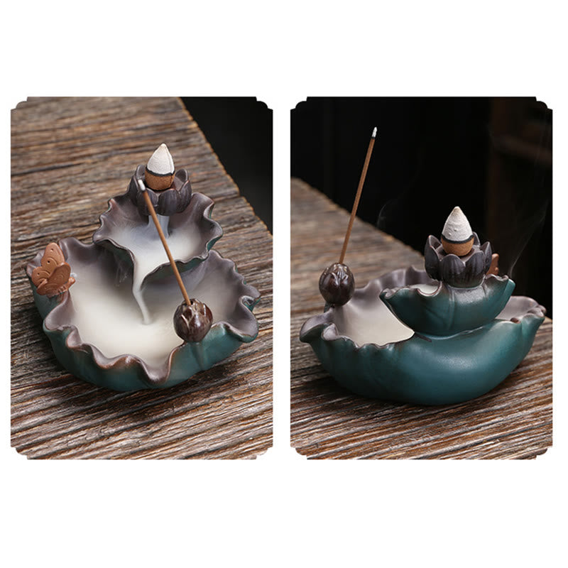 Brûleur d'encens en céramique, motif fleur de lotus, grenouille et papillon
