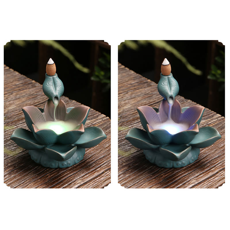 Brûleur d'encens en céramique, motif fleur de lotus, grenouille et papillon
