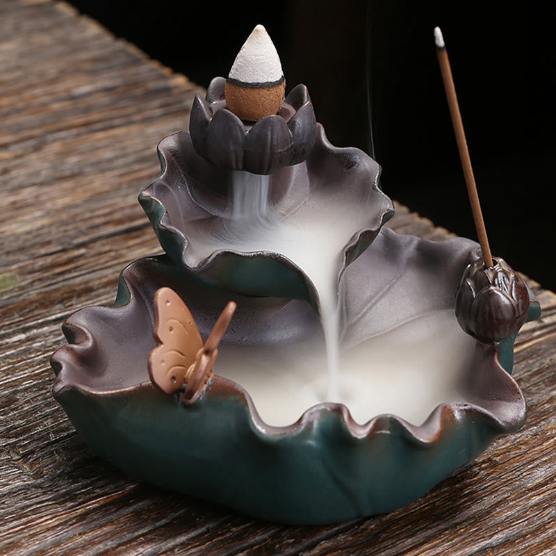 Brûleur d'encens en céramique, motif fleur de lotus, grenouille et papillon