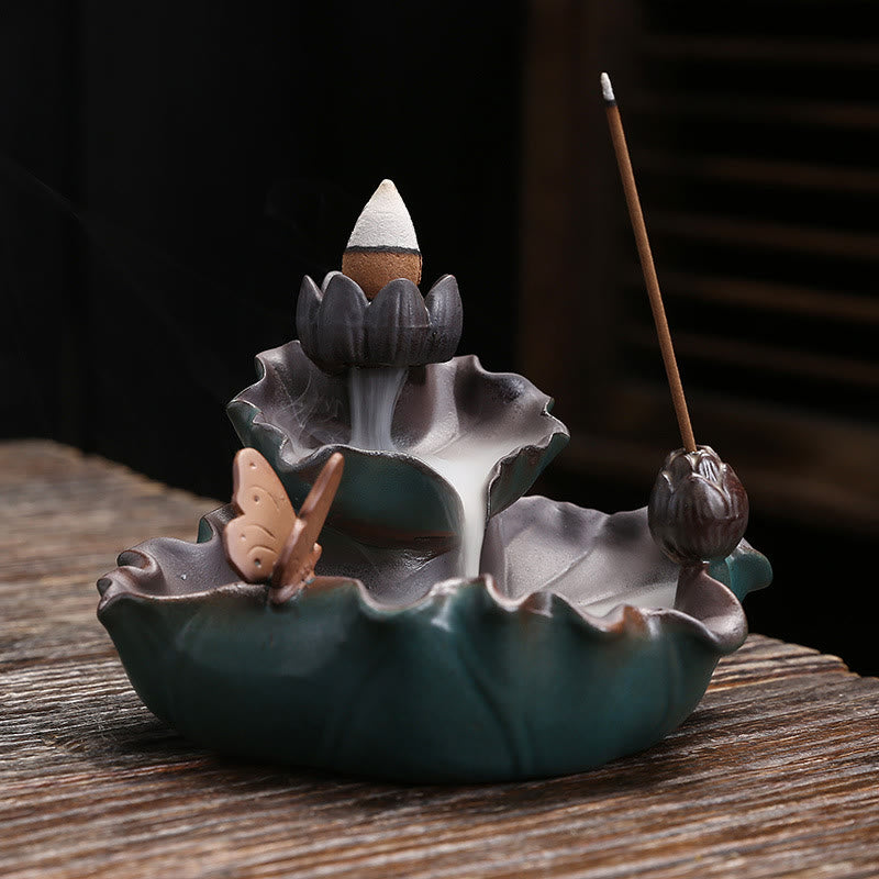 Brûleur d'encens en céramique, motif fleur de lotus, grenouille et papillon