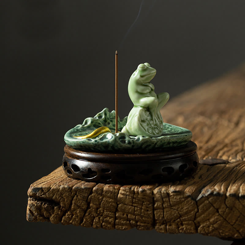 Brûle-encens en céramique | Grenouille de méditation en feuille de lotus 11 cm