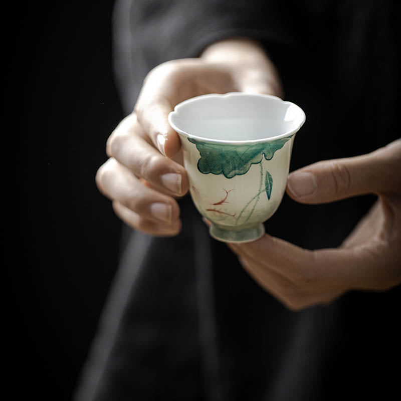 Tasse à thé en céramique motif carpe koï 65 ml, motif feuille de lotus