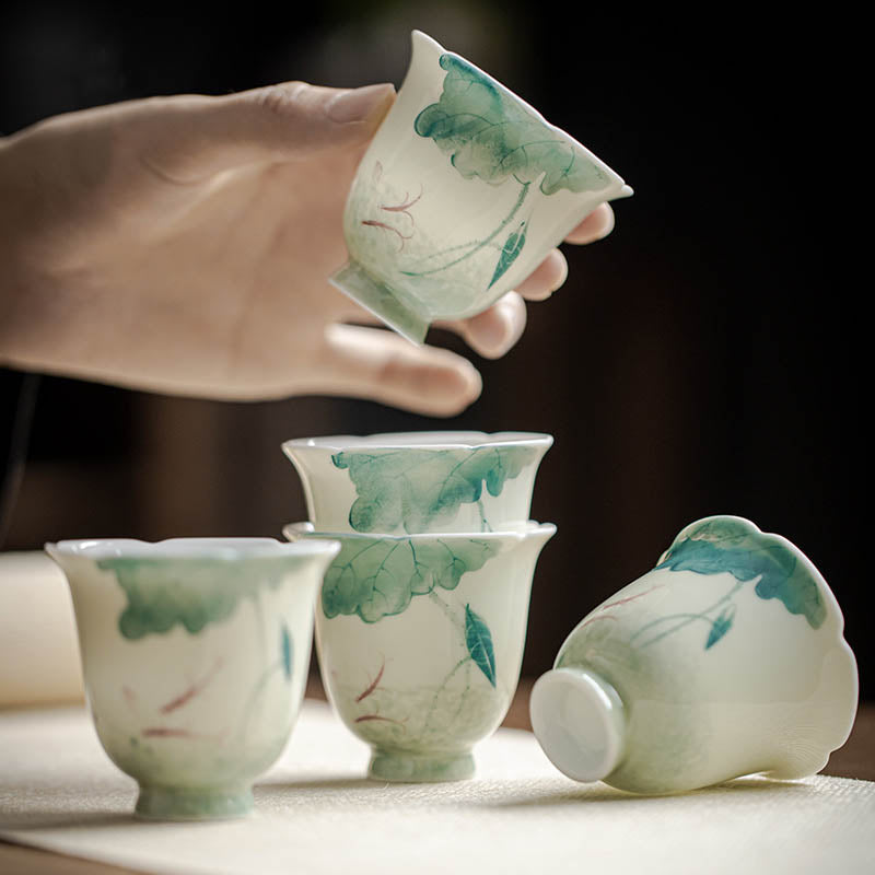 Tasse à thé en céramique motif carpe koï 65 ml, motif feuille de lotus