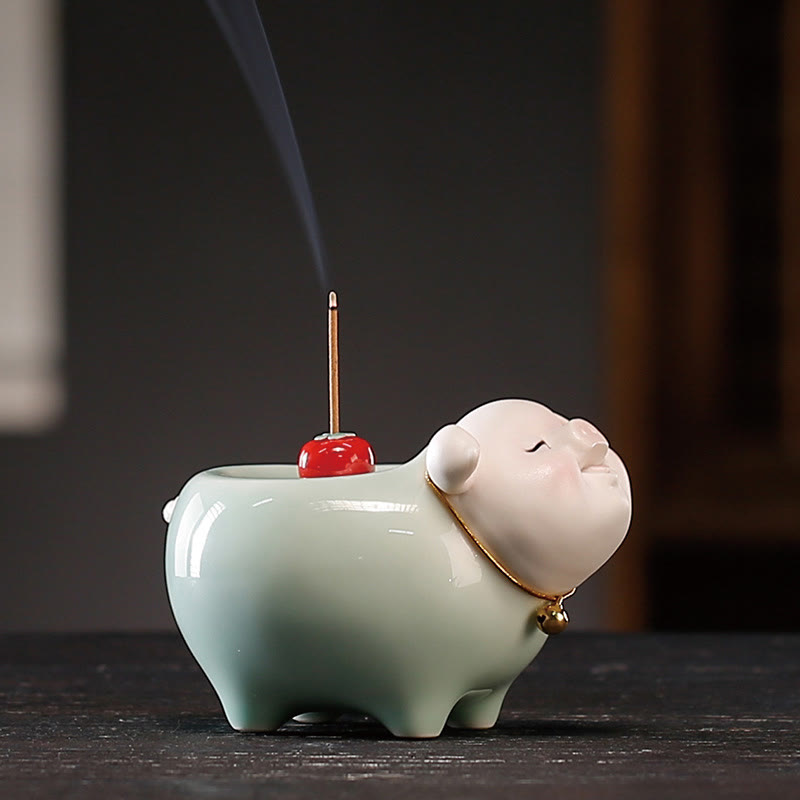 Brûle-encens en céramique Petit Cochon 9 cm Bâton de bénédiction