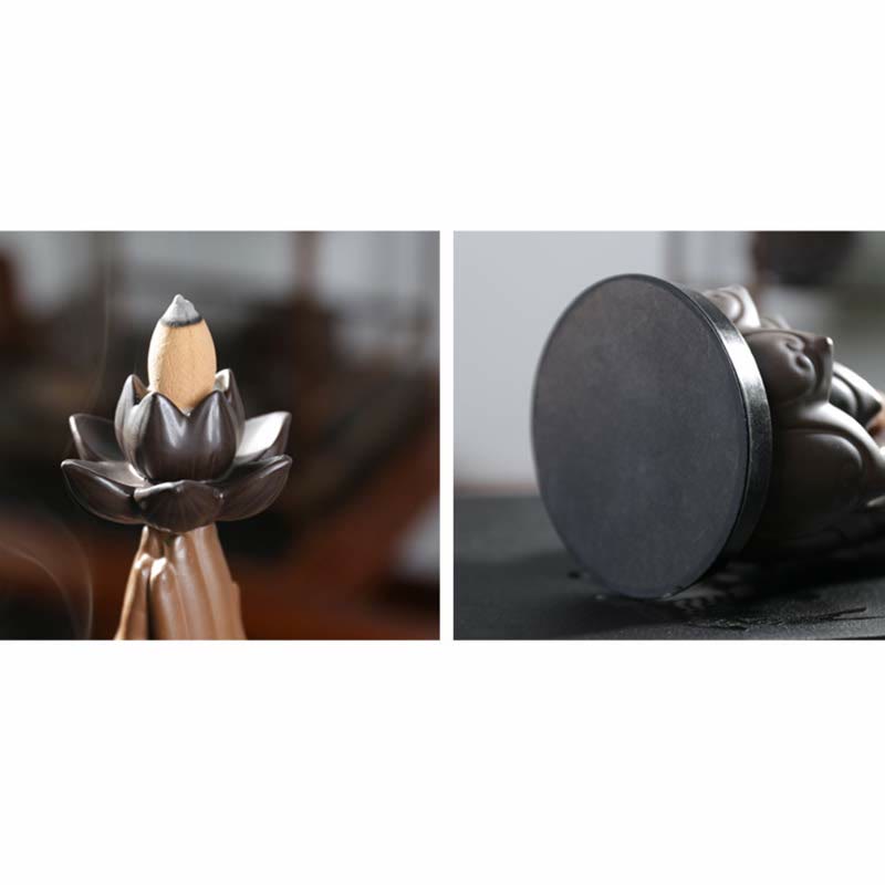 Brûleur d'encens à reflux en céramique avec bénédiction de lotus et divinités de Bouddha