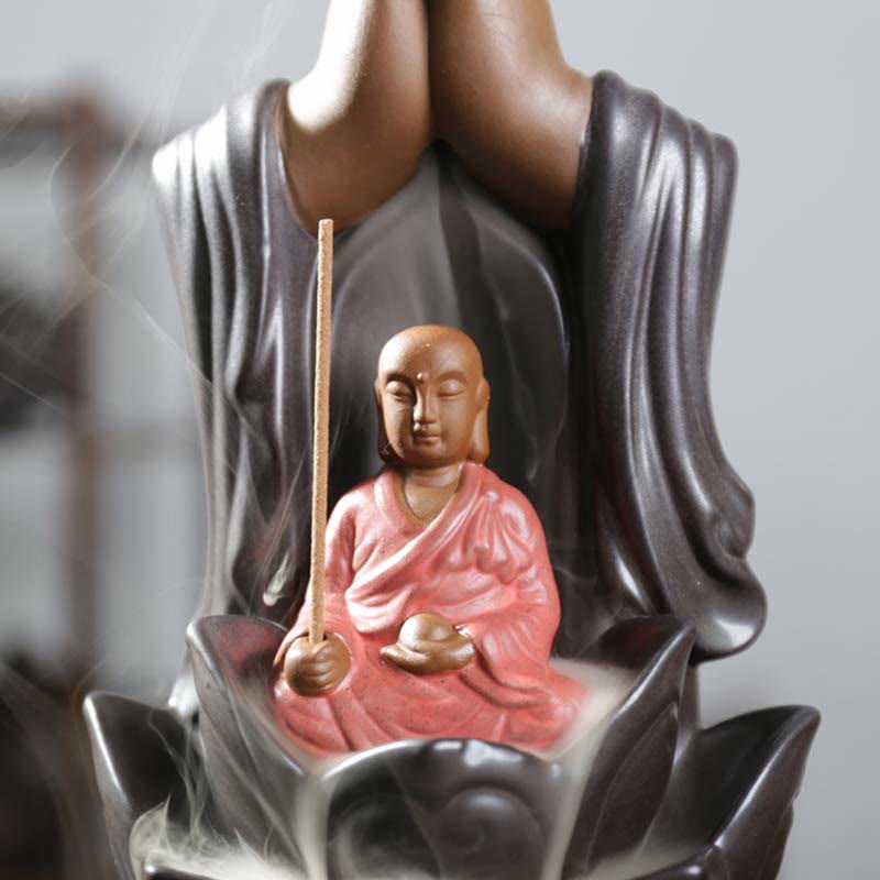 Brûleur d'encens à reflux en céramique avec bénédiction de lotus et divinités de Bouddha