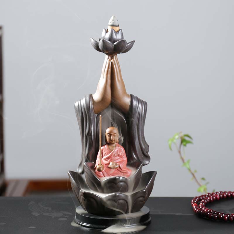 Brûleur d'encens à reflux en céramique avec bénédiction de lotus et divinités de Bouddha