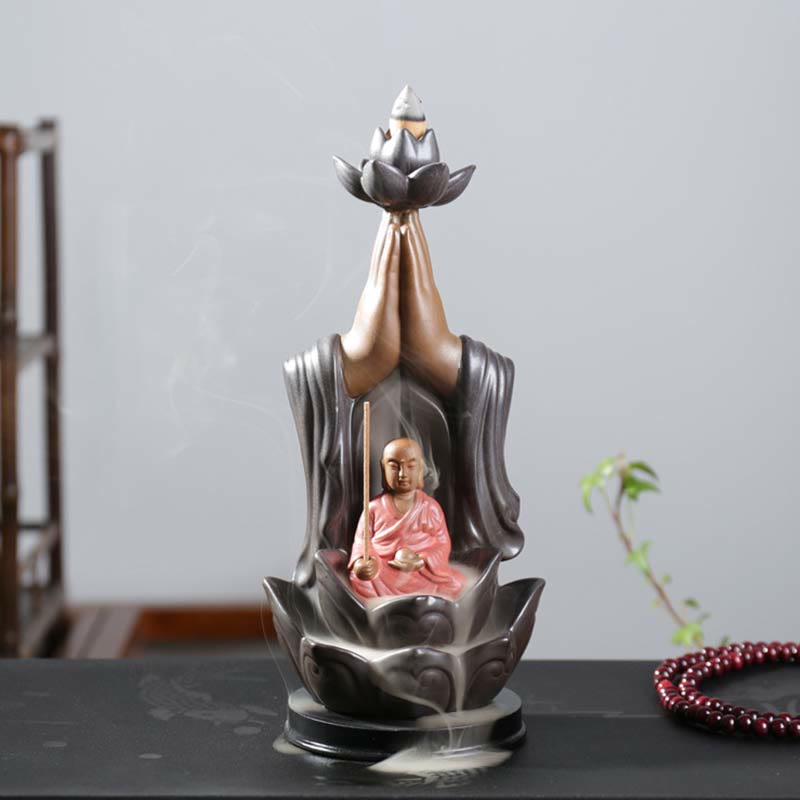 Brûleur d'encens à reflux en céramique avec bénédiction de lotus et divinités de Bouddha