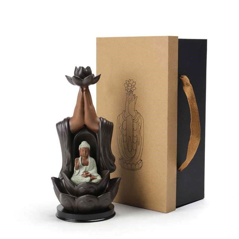 Brûleur d'encens à reflux en céramique avec bénédiction de lotus et divinités de Bouddha