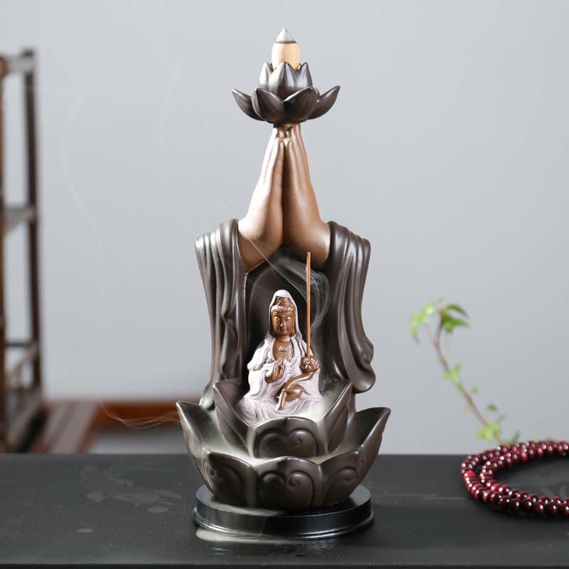 Brûleur d'encens à reflux en céramique avec bénédiction de lotus et divinités de Bouddha