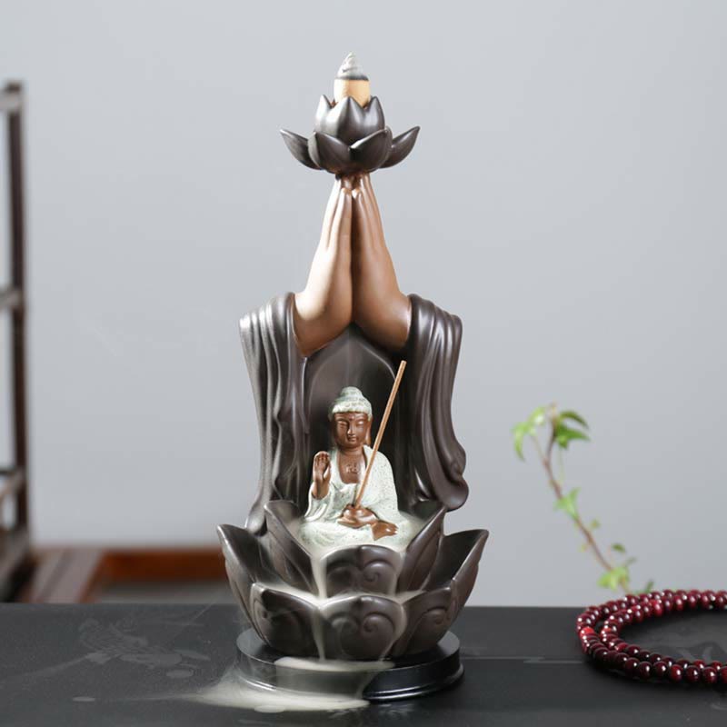 Brûleur d'encens à reflux en céramique avec bénédiction de lotus et divinités de Bouddha