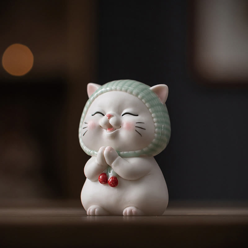Figurine chat porte-bonheur en céramique 15 cm Décor zen pour une énergie positive