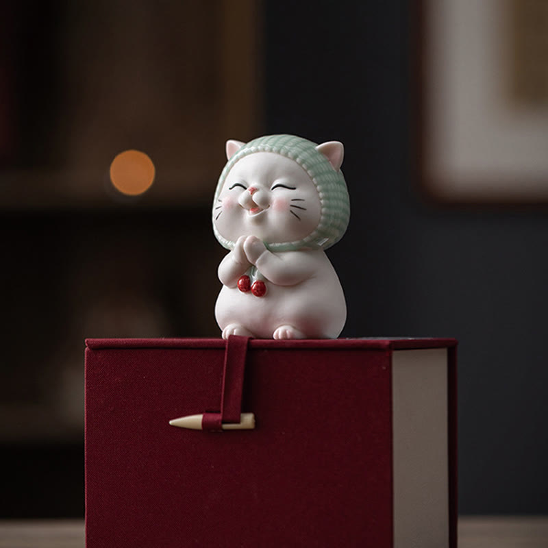 Figurine chat porte-bonheur en céramique 15 cm Décor zen pour une énergie positive