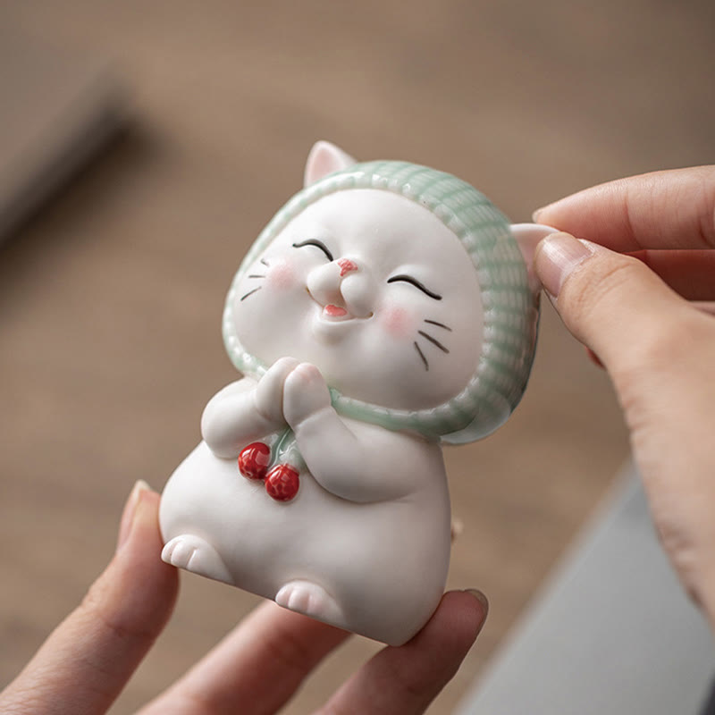 Figurine chat porte-bonheur en céramique 15 cm Décor zen pour une énergie positive