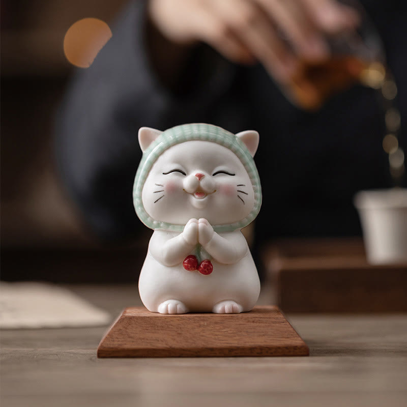 Figurine chat porte-bonheur en céramique 15 cm Décor zen pour une énergie positive