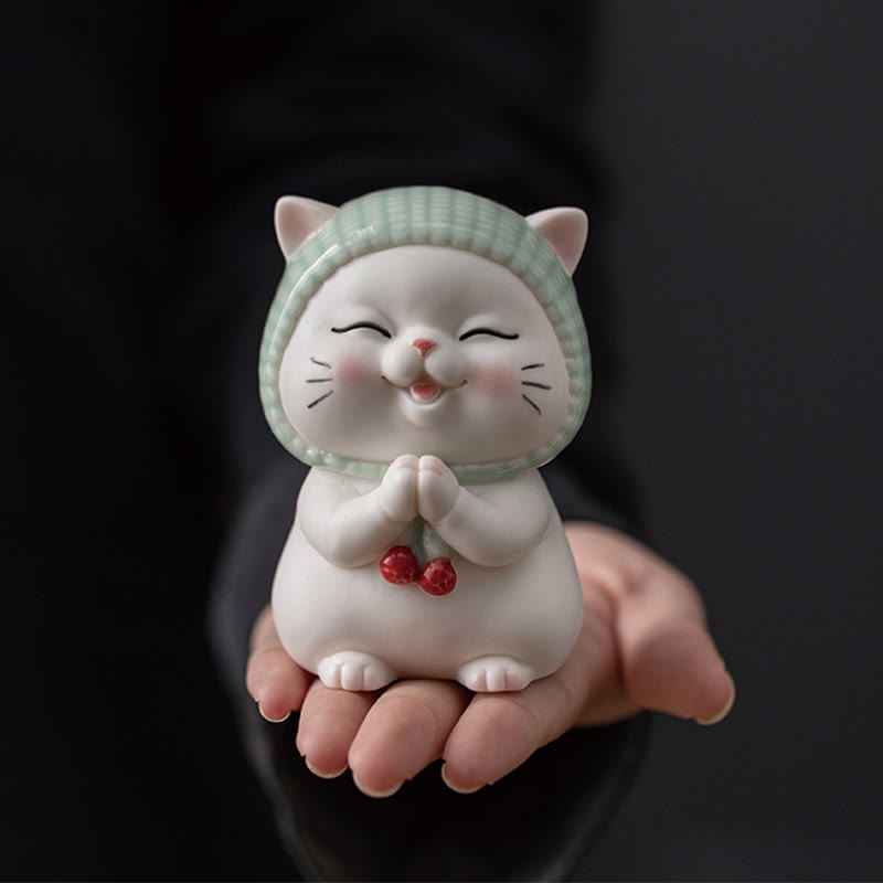 Figurine chat porte-bonheur en céramique 15 cm Décor zen pour une énergie positive