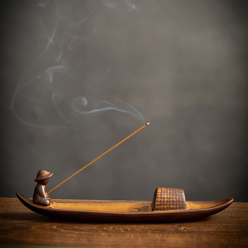 Brûle-encens de méditation en céramique | Motif pêcheur solitaire