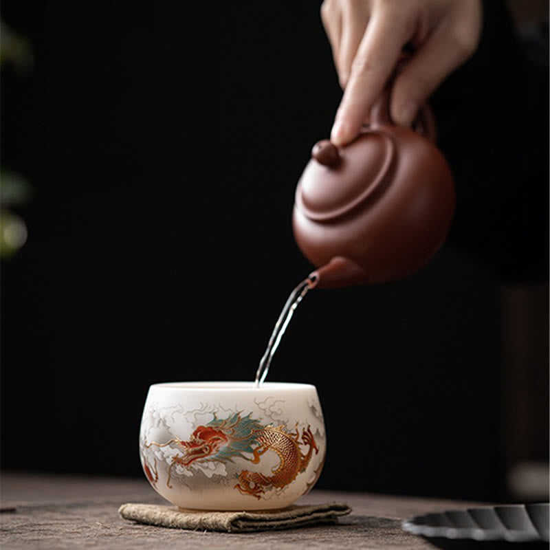 Tasse à thé en céramique à décor zen | Motifs phénix, dragon et lotus