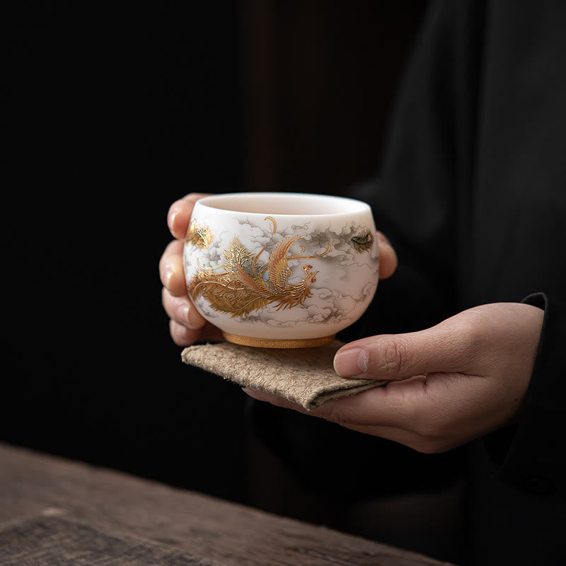 Tasse à thé en céramique à décor zen | Motifs phénix, dragon et lotus