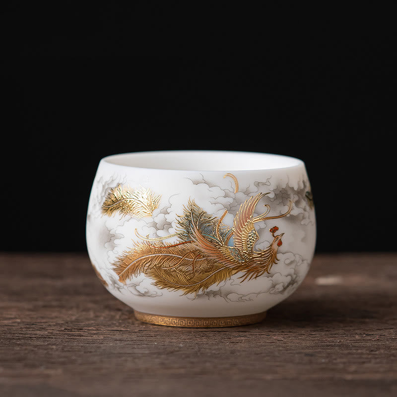 Tasse à thé en céramique à décor zen | Motifs phénix, dragon et lotus