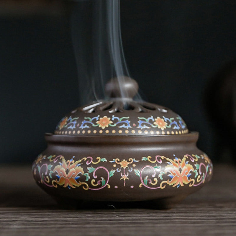 Brûle-encens zen en céramique avec motif dragon ou floral 11,7 cm