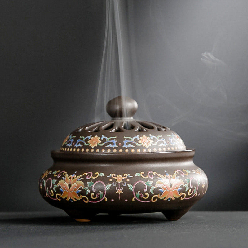 Brûle-encens zen en céramique avec motif dragon ou floral 11,7 cm