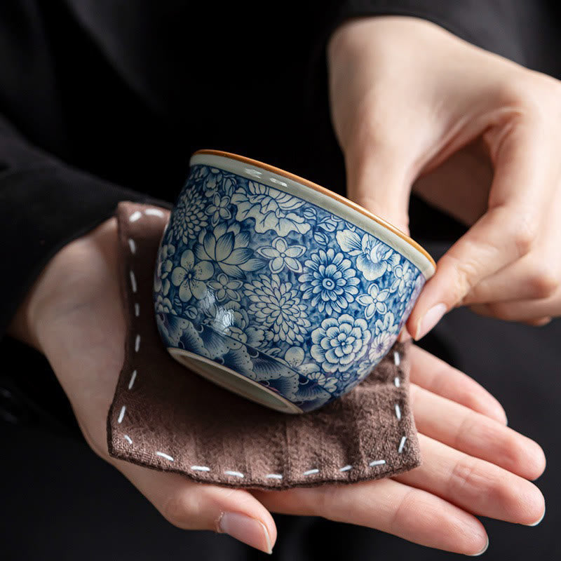 Tasse à thé zen en céramique avec motif lotus bleu et chrysanthème 95 ml