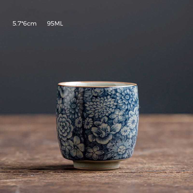 Tasse à thé zen en céramique avec motif lotus bleu et chrysanthème 95 ml