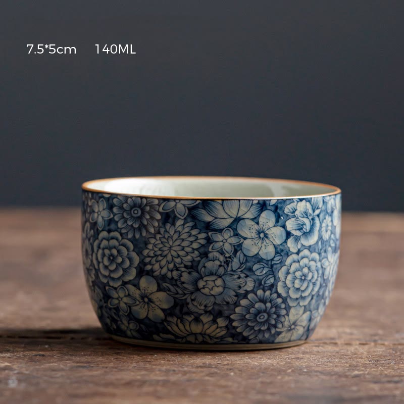 Tasse à thé zen en céramique avec motif lotus bleu et chrysanthème 95 ml