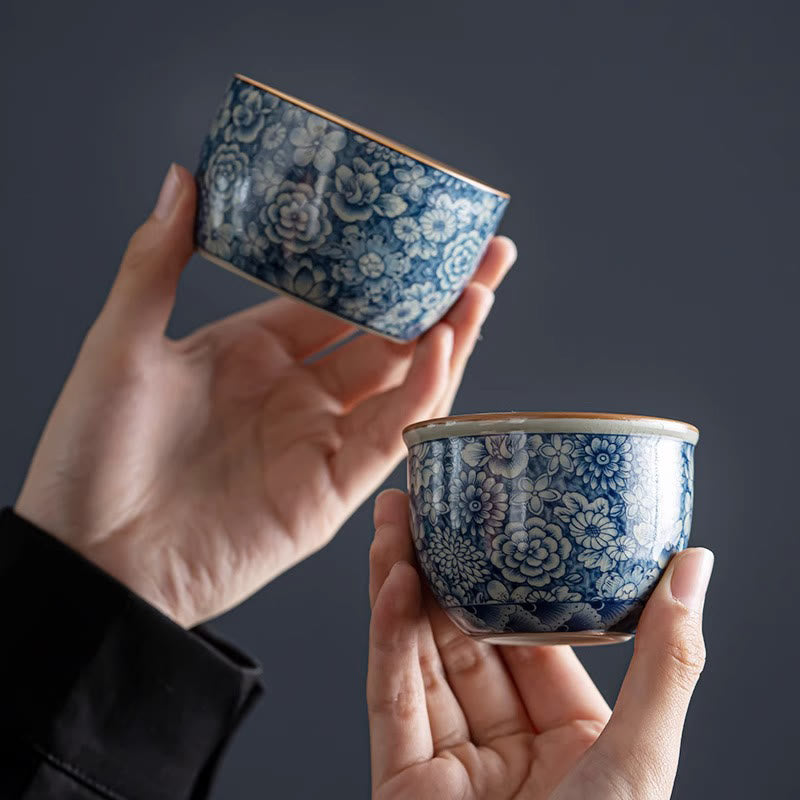 Tasse à thé zen en céramique avec motif lotus bleu et chrysanthème 95 ml