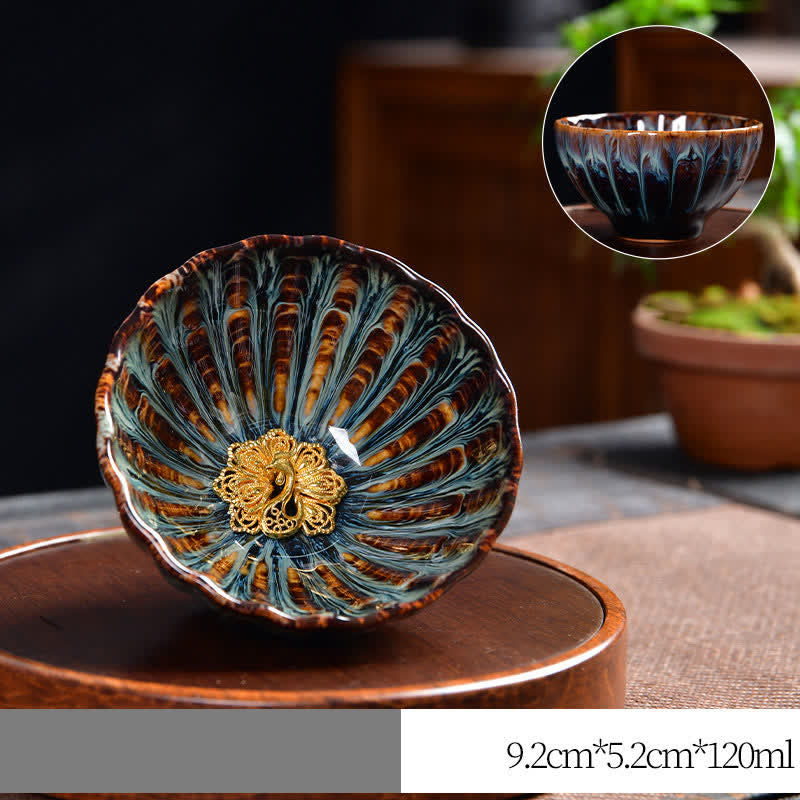 Tasse à thé zen en céramique 120 ml | Symbolisme du lotus, du paon et du dragon