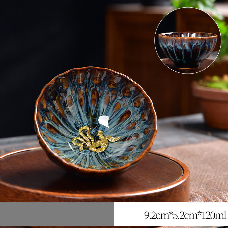 Tasse à thé zen en céramique 120 ml | Symbolisme du lotus, du paon et du dragon
