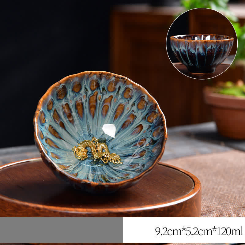 Tasse à thé zen en céramique 120 ml | Symbolisme du lotus, du paon et du dragon