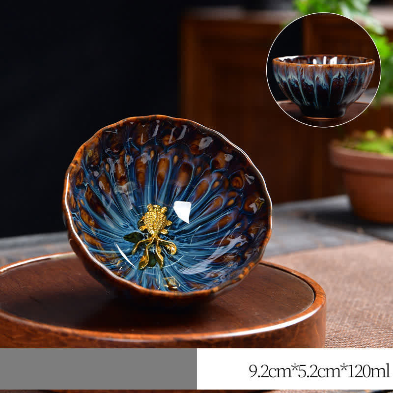 Tasse à thé zen en céramique 120 ml | Symbolisme du lotus, du paon et du dragon