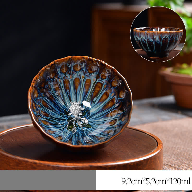 Tasse à thé zen en céramique 120 ml | Symbolisme du lotus, du paon et du dragon